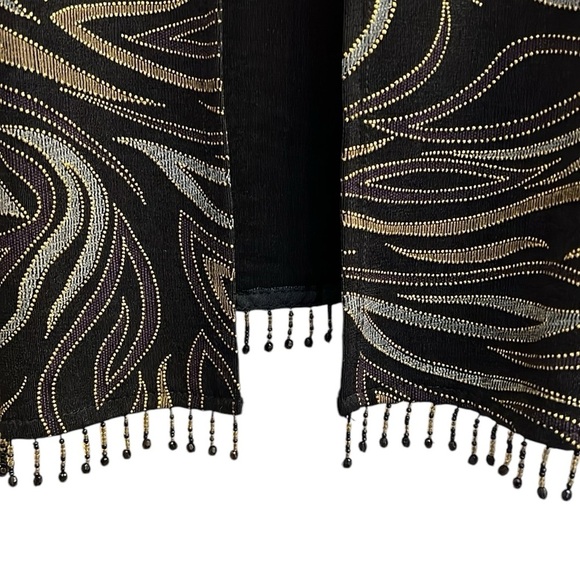 VTG Black Dressy Topper Jacket Black Metallic Beaded Fringe Long Sleeve Flowy 14 - Picture 8 of 14
